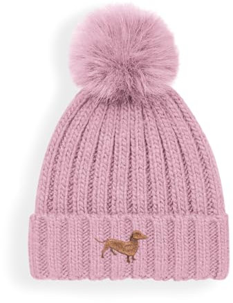The House Of Dog: Dackel Wurst Hund Besitzer Geschenk Kunstpelz Pom Pom Grobstrick Super Weich Unisex Bestickte Beanie Mütze Rosa, rose, Einheitsgröße