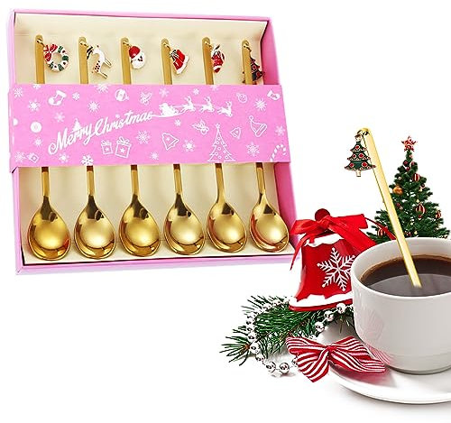 Weihnachtslöffel Set, 6 Stück Kaffeelöffel Edelstahl Geschenke Lang Löffel mit Weihnachtsanhänger Weihnachten Tischdeko, Weihnachtsbesteck Weihnachts Dessert Tee Rührlöffel mit Geschenkbox (Gold)