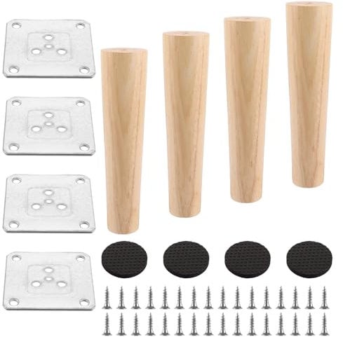 AKOLAFE Lo de 4 Pied Meuble Bois 20cm Pied de Meuble Bois Rond Pieds de Meuble Pieds de Rechange de Rechange avec Plaques de Montage et Vis pour Canapé, Lit, Fauteuil, Armoire