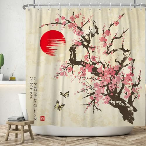 ASDCXZ Tenda da doccia con fiori di ciliegio, 180 x 180 cm, stile asiatico giapponese, rosa ciliegio, sole farfalla, lavabile, tenda da doccia in poliestere, impermeabile, per vasca da bagno con 12