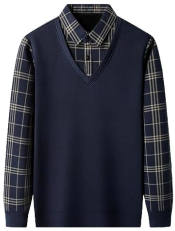 Fake-Two Pieces Knitted Pullover,Fleece Thermal Sweater Quarter Button,Button Up V Neck Lapel Fall Warm Sweater (4XL, Blue)