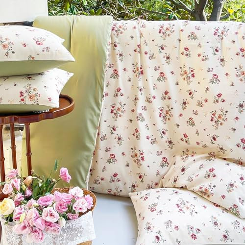 Sedefen Bettwäsche 200x220 cm Grün Beige Blätter Blumenmuster Wendebettwäsche Set aus Microfaser Vintage Bettbezug und 2 Kissenbezug 80x80cm mit Reißverschluss