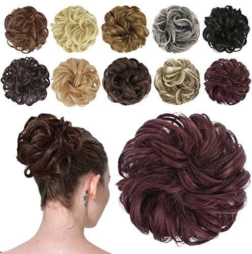 FESHFEN Haarteil Mit Gummiband, Dutt Haarteil Haargummi Mit Haaren Gelockt Haardutt Weinrot Synthetisch Haar Haarverlängerung Pferdeschwanz Haarteile für Damen Mädchen, 42g