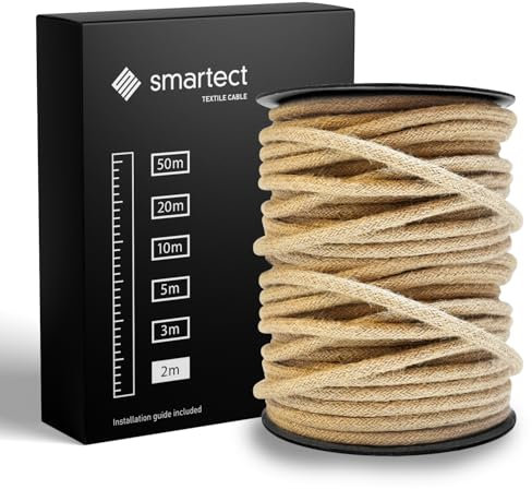 smartect Cavo Elettrico Tessile Juta, 2 Metri Filo Elettrico Vintage, Tripolare (3 x 0.75mm²) Cavo Elettrico Rivestito in Tessuto per Fai da Te