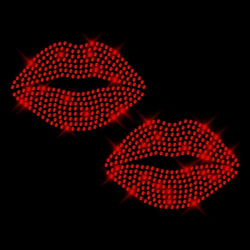 Glitzerdeals Bügelbilder Karneval Strass Lippen 2er Set Kussmund Aufbügler für Textilien Kussmund Bügelmotiv Lippen Strass Bügelbild Kussmund