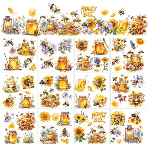 AHANDMAKER 12 Blatt Abziehbilder Zum Aufreiben Mit Bienen Und Honig Zum Basteln, Sonnenblumen- Und Honigwaben-Aufkleber Zum Aufreiben, Vintage Blumen Abziehbild Zum Aufkleben Auf Holz, 5.5x5.5