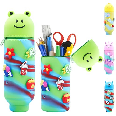 AUNGKWANG Kawaii Federmäppchen Frosch, 2 in 1 Stand Mäppchen mit Reißverschluss, Niedliches Cartoon Tier Federmappe, Künstler Federmäppchen, Niedliche Schulbedarf, für Schülerin Teenager