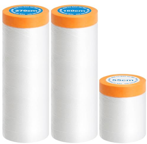 YSWOVUO 3 Rouleaux Masker avec Ruban de Masquage, 55cm 150cm 270cm Ruban de Masquage Peinture avec Bâche de Protection en Plastique, Ruban Film Adhesif pour Peinture/Meuble/Sol de Protection