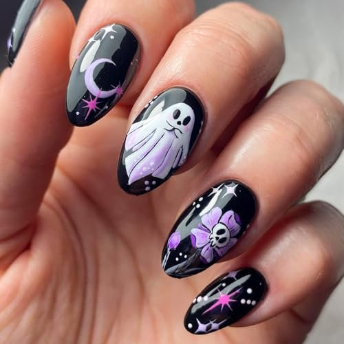 MouyouGlow Press on Nails Kurz,Almond Halloween Gespenst Soul Ghost Totenkopf Skull Blume Stern Mond Horror Creepy Spooky Fake Nails mit Nagelkleber,Schwarz Base Star Künstliche Fingernägel