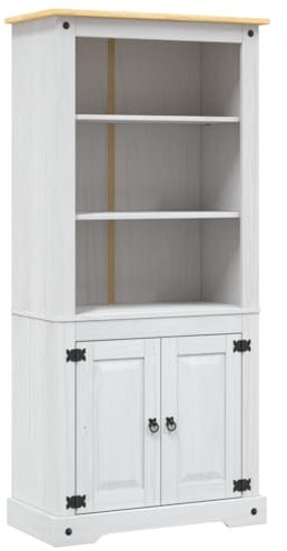 KOIECETA Kiefer Schrank Mexiko-Stil Corona Bücherregal Bücherschrank Vitrine Standvitrine Highboard Kommode Anrichte 80x40x170cm (Weiß)