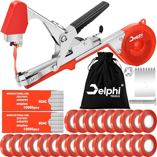 DELPHI Bindezange für Pflanzen Pflanzen Bindemaschine Hand Garten Maschine Bindemaschine für Tomaten Wein Obst, mit 25 Bandrollen 0,11mm, 20.000 Heftklammern Tasche, 1x Austauschbare Klinge