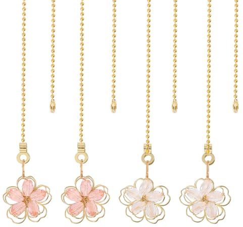 GLOBLELAND 4 Pcs Flower Ceiling Fan Pull Chain Alloy Glass Ceiling Fan Extension Ornaments Light Pull Chain with Connector for Ceiling Light Fans