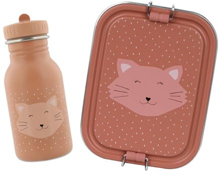 Trixie Baby Trinkflasche und Brotdose als Set aus Edelstahl mit optionaler Namens-Gravur Personalisierung (Katze, Small)
