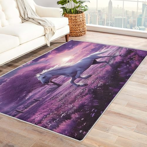Generisch Pferde Teppich Kinderzimmer - Teppich Wohnzimmer Schlafzimmer Pferdemotiv, Kleiner Teppich Mädchen Pferd Lila, Weich Kurzflor & Waschbar & rutschfest Fussmatte Innen, Kinderteppich 60x90 cm