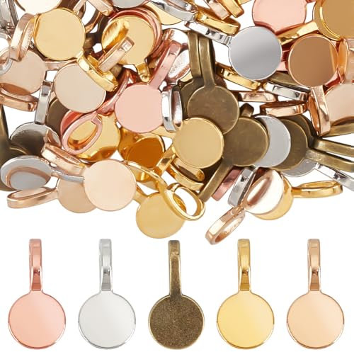 DELORIGIN 5 Colors Glue on Bails Pendants 200pcs Golden Alloy Flat Pad Charms Blank Settings Charms Flat Round Pad Connector for Women DIY Jewelry Necklaces Crafts Making, Hole 6x3mm