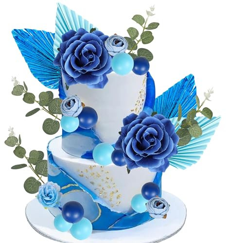 SYKYCTCY 25 Pack Artificial Rose Flower Cake Toppers Paper Palm Leaves Fan Ball Cake Picks Cake Decorations Sets for Baby Shower Kids Boys Girls DIY Birthday Wedding Party