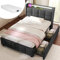 Polsterbett Einzelbett 90x200 cm, LED Jugendbett Stauraumbett Funktionsbett Bettgestell mit 2 Schubladen und Holz Lattenrost, Kopfteil mit USB Ladefunktion und Staufach, Leinen, Mit Matratze, Grau