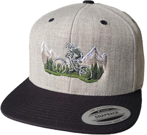 Fahrrad Cap Flexfit Snapback : Mountain Ride - MTB Kappe Herren & Damen Mountain-Bike Fahrradmütze (Heather Grey-Black - One Size)