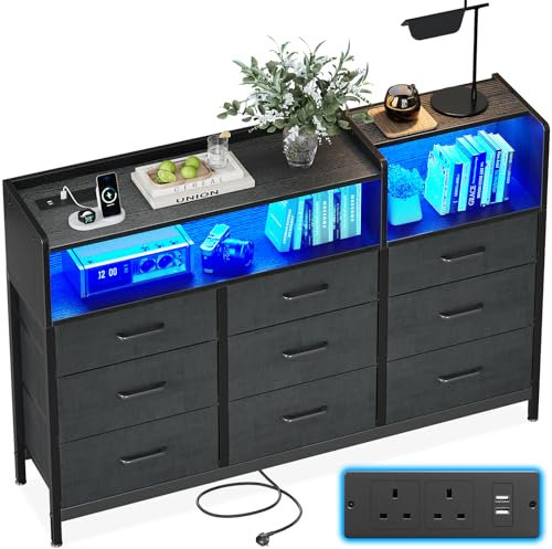 ODK Black Chest of Drawers Bedroom, Dresser Cabinet with 2 Sockets, 2 USB Ports and 10 Colored LED Strips, Chest Drawers with Shelf 9 Fabric Drawers for Bedroom Living Room, 130 * 30 * 97cm