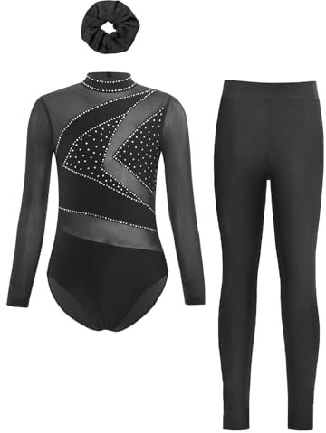 Agoky Mädchen Glitzer Ballettanzug Langarm Ballett Trikot mit Stehkragen Tanz-Body mit Lange Hose Haargummi Ballettkleidung Gymnastik Turnanzug