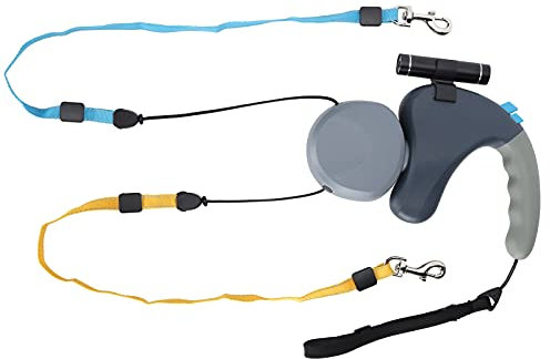 Double Retractable Dog Lead, Reinforced Extendable Pet Walking Lead Dual Headed Dog Cat Traction Rope Retractable Dog Leash with LED Light (Grey)