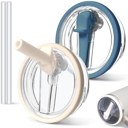 2 PCS 30 oz Spill Proof Tumbler Flip Straw Lid for Stanley Cup, Leak Proof Tumbler Lid Replacement Fit for Stanley Quencher, Reusable Tumbler Cover 30oz Stanley Cup Accessorie (cream+navy blue)