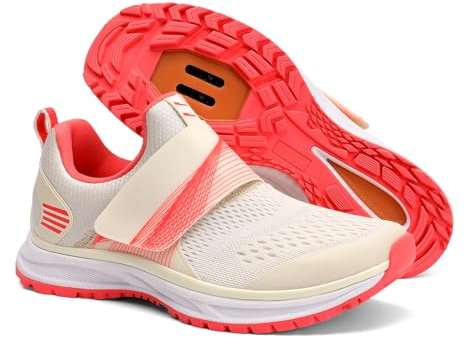 Pairobin Fahrradschuhe Damen Indoor Fahrradschuhe Outdoor Fahrradschuhe Bequem Atmungsaktiv Kompatibel mit SPD Cleats, beige-pink, 39 EU