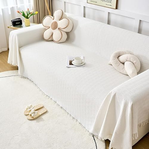 Surwin Plaid Canape Grande Taille, Couleurs Unies Jeté de Canapé, Lavable Housse de Canapé d'angle, Couverture Protege Canape 1 2 3 4 Places en Forme de L (Blanc,90x180cm)