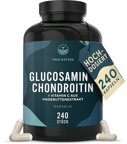 TRUE NATURE Glucosamin Chondroitin hochdosiert - 240 Kapseln mit 2600mg | mit Vitamin C (trägt zur normalen Kollagenbildung bei) - Pharmazeutische Qualität