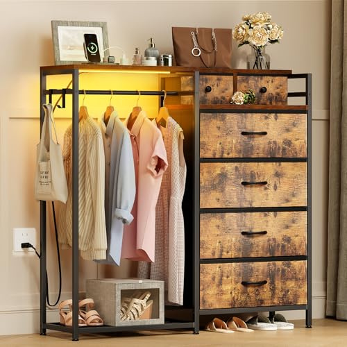 Coleshome Chest of Drawers Bedroom with Hanging Rail, 110x30x106cm, Vintage | Built-in LED Lighting and Power Socket, Reversible 6-Drawer Design, Fabric Chest of Drawers for Bedrooms and Living Rooms