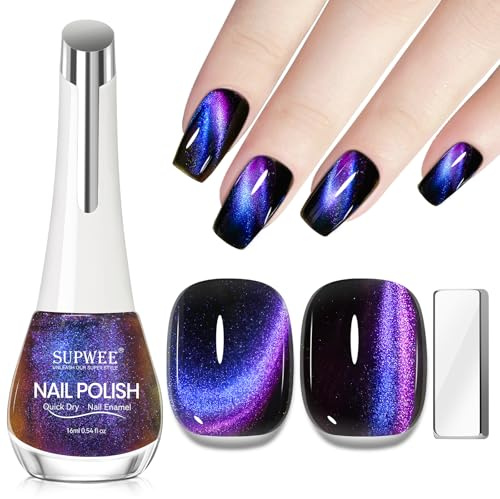 SUPWEE Quick Dry 9D Cat Eye Nail Polish, 16ml Magnetic Nail Polish | Non Gel Holographic Galaxy Fast Air Dry Cat Eye Varnish Nails Art Salon Manicure Home Gift for Women Girls
