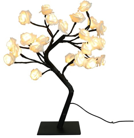 SAFIGLE Lampada da Tavolo Forma di Albero con Fiori di Rosa LED Lampada da Comodino Romantica e Unica Luce Calda Senza Batteria per Camera da Letto e Salotto