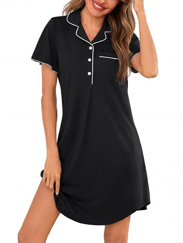Jahetuul Women's Nightdress Button Down Short Sleeve Nighties for Ladies UK V-Neck Lapel Nightshirt with Chest Pockets Relaxed Sleepwear Nightwear