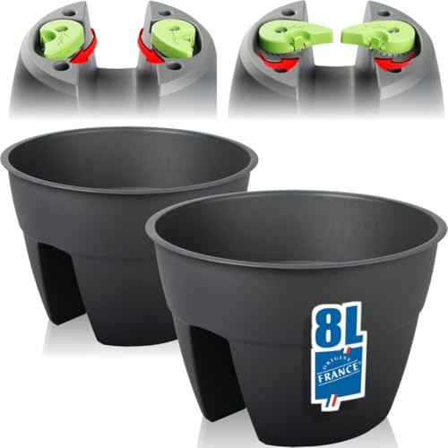 Stimo 2X Blumentopf 30,6cm Balkon für Geländer zum Einhängen Pflanztopf 8L rund Balkontopf Geländertopf (2)