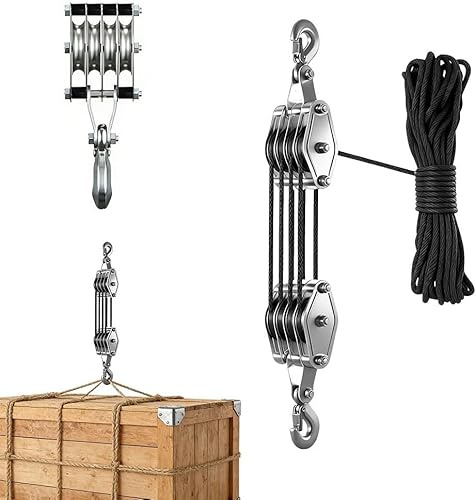 Flaschenzug mit Seilbremse, Seilzug Arbeitssparender 8:1 Hubkraft, mit 20m Nylon Seil und Haken, 300kg Max, 270° Drehbar Flaschenzug für Jagd, Garage, Lagerhallen, Bauwesen