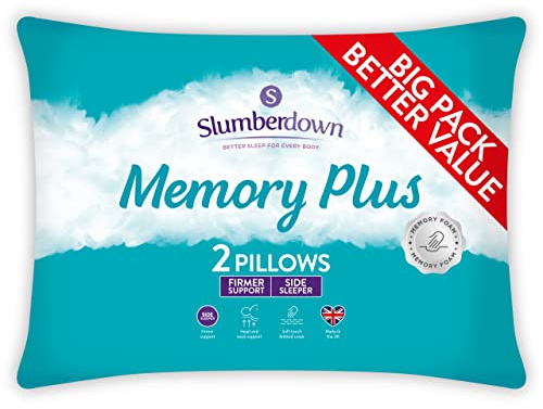 Slumberdown Memory Foam Pillows 2 Pack - Breathable & Supportive Back & Side Sleeper Pillow for Neck and Shoulder Pain Relief | Soft Touch Knit Cover, UK-Made, Non-Allergenic, Easy Care (38 x 64cm)