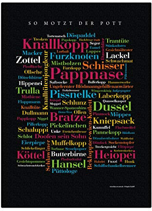 Leinwand Ruhrpott Schimpfwörter, Tagcloud mit Schimpfwörtern aus dem Ruhrgebiet als Souvenir oder Geschenkidee für Ruhrpott-Fans - Keilrahmen 20x30 cm