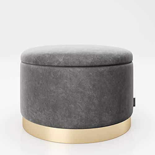 Runder Sitzpuff PLAYBOY mit Aufbewahrung in grau, anthrazitgrauem Samt und goldenem Metallsockel, gepolsterter Sitzpuff mit Samtbezug, Samtsitz und Aufbewahrungsbox, Hocker, Retro-Design, Club-Stil