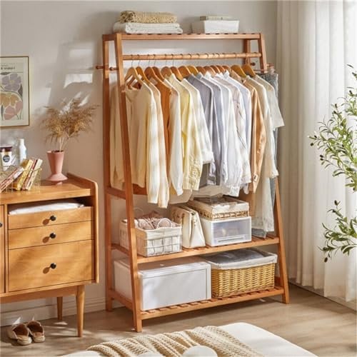 unho Garderobenständer Bambus, Kleiderständer mit 3 Ablagen und 10 Hanken, Wäscheständer mit Kleiderstange, für Flur, Wohnzimmer und Büro, 80x43.5x165cm