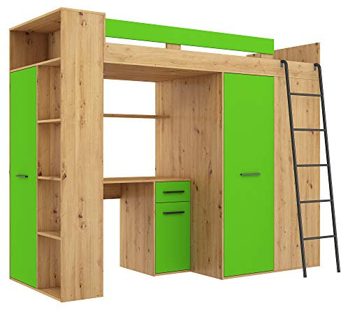 BIM Furniture, VERANA P - Letto a castello, letto a soppalco, 190x90 cm, con scale, armadio, mensola, scrivania, per bambini, lato destro (rovere Artisan/verde)