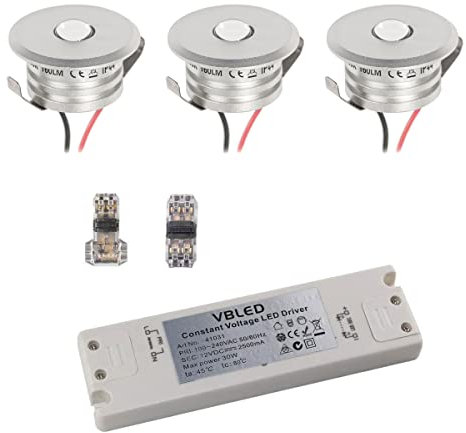 VBLED© 3er Set 3W Mini-Einbauspot Einbaustrahler warmweiß 12V DC, Inkl. LED Trafo und Verbinder [Energieklasse A+]
