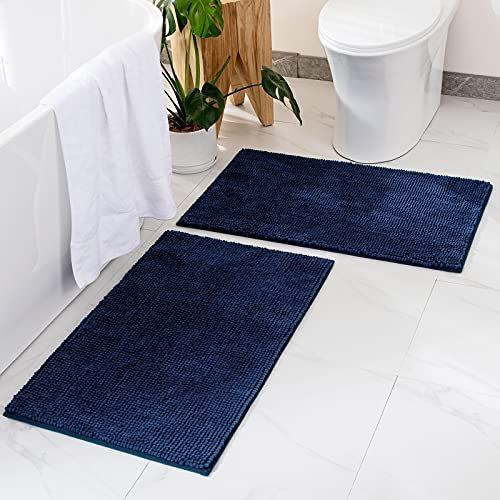 MIULEE Badematte 60x90cm Set 2 teilig Chenille Badteppich Badezimmerteppich rutschfest Waschbar Duschvorleger Badvorleger Duschmatte Fussmatte Badezimmer Wohnzimmer Schlafzimmer Dunkelblau