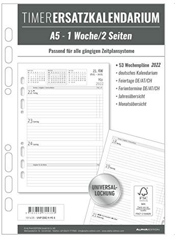 Alpha Edition Timer Ersatzkalendarium A5 2022 - Bürokalender - Buchkalender A5 (15x21 cm) - Universallochung - 1 Woche 2 Seiten - 128 Seiten