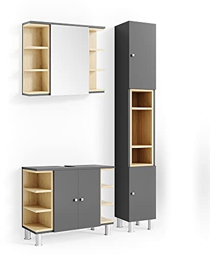 Vicco Badmöbel-Set Aquis, Badezimmerschrank-Set, Anthrazit/Sonoma, 3 Teile, mit Hochschrank