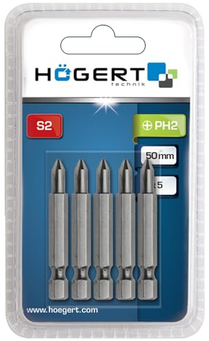 HÖGERT TECHNIK – PH2 Schrauberbits 50 mm aus S2-Stahl, 5 Stück, extrem robust, HRC 58–60, 1/4 Sechskantschaft, DIN 3126, für Akku- und Netzschrauber, präzise & langlebig
