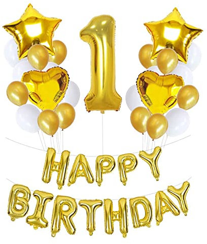 Trimming Shop 40 Gold Number 1 Balloon, Inflatable Happy Birthday Foil Balloons for 1st Birthday & Anniversary Party Decoration, Large Digit 1 Balloon with White Gold Latex Balloons