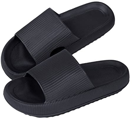 MUYOGRT Cloud Sliders Women Men, Non-Slip Cloud Slippers Women Summer, Soft Flip Flops Bathroom Slippers, Pillow Sliders for Pool Shower Beach(Black A, 5.5/6.5)