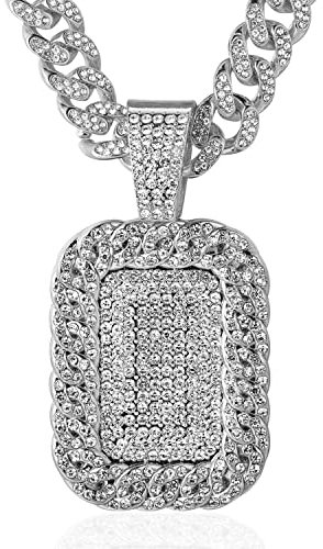 Halukakah ● Voller Diamant-Tag ● Goldkette für Herren Platin Weißgold-Finish Iced Out Anhänger Halskette,Volle Cz-Labordiamanten Zinken-Set,14mm Kubanische Gliederkette 45cm,Kostenlose Geschenkbox