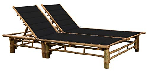 Sonnenliege Doppelliege Bambus, Relaxliege Strandstuhl mit Auflage, Liegestuhl für Garten Balkon, 200x130x(24-87) cm