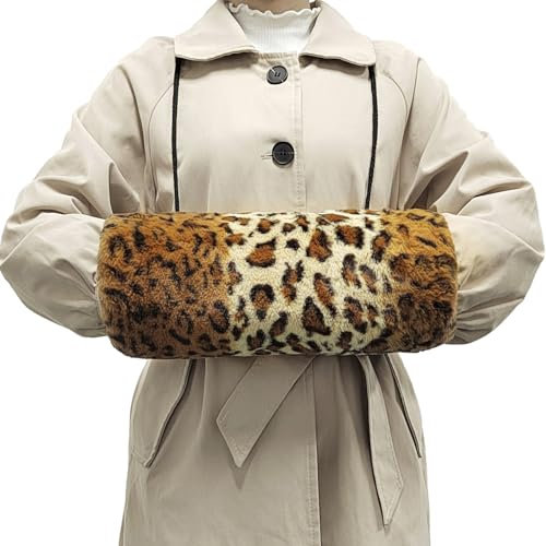 SwirlColor Manchon Fausse Fourrure, Manchon Chauffant Portable avec Poche pour Cordon Manchon Chaud en Fourrure Imprimé léopard avec 1 Crochet pour Homme Femme Fille